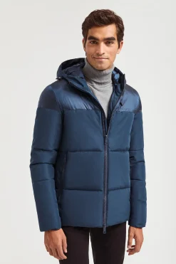 Chaqueta azul petróleo acolchada mate y brillo con parche en la manga