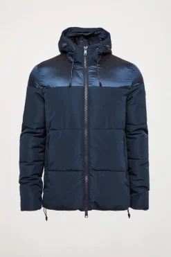 Chaqueta azul petróleo acolchada mate y brillo con parche en la manga