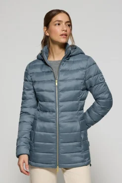 Chaqueta ultralight azul denim Cintia de capucha extraíble y bordado PC