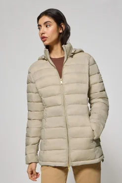 Chaqueta ultralight beige oscuro Cintia de capucha extraíble y bordado PC