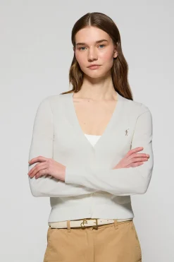 Cárdigan beige de punto abotonado con cuello pico y bordado Rigby Go