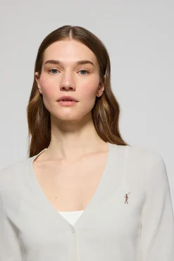 Cárdigan beige de punto abotonado con cuello pico y bordado Rigby Go