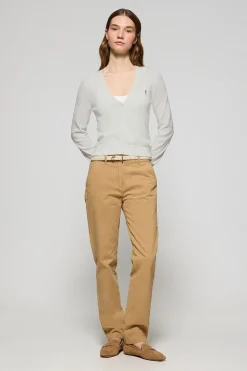 Cárdigan beige de punto abotonado con cuello pico y bordado Rigby Go