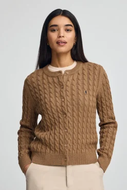 Cárdigan camel vigoré de punto trenzado con bordado Rigby Go