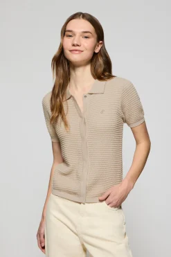 Jersey abotonado de punto beige Lirio con monograma bordado