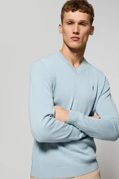 Jersey azul claro de punto con cuello de pico y bordado Rigby Go