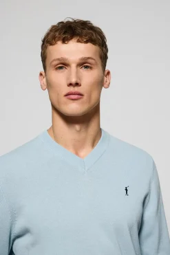 Jersey azul claro de punto con cuello de pico y bordado Rigby Go