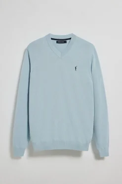 Jersey azul claro de punto con cuello de pico y bordado Rigby Go