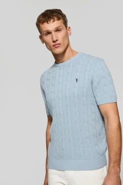 Jersey azul claro trenzado de manga corta con logo bordado