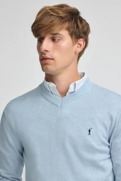 Jersey azul claro vigoré de cuello pico y mezcla lana con bordado Rigby Go