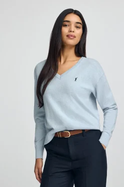 Jersey azul claro vigoré de cuello pico con mezcla de lana y bordado Rigby Go