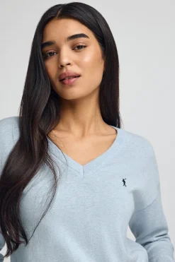 Jersey azul claro vigoré de cuello pico con mezcla de lana y bordado Rigby Go