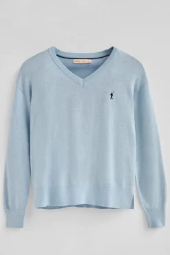 Jersey azul claro vigoré de cuello pico con mezcla de lana y bordado Rigby Go