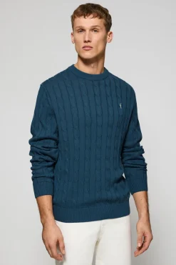 Jersey azul denim de punto trenzado de cuello redondo y bordado Rigby Go