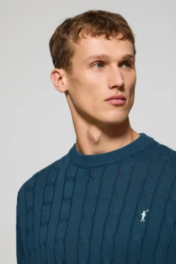 Jersey azul denim de punto trenzado de cuello redondo y bordado Rigby Go