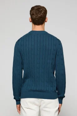Jersey azul denim de punto trenzado de cuello redondo y bordado Rigby Go