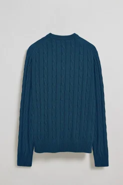 Jersey azul denim de punto trenzado de cuello redondo y bordado Rigby Go