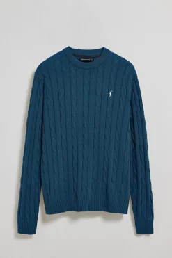 Jersey azul denim de punto trenzado de cuello redondo y bordado Rigby Go