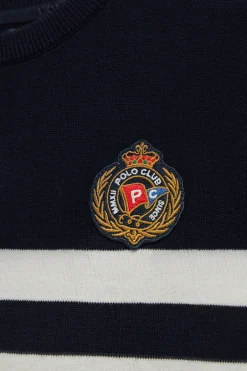 Jersey azul marino de manga corta a rayas con escudo náutico
