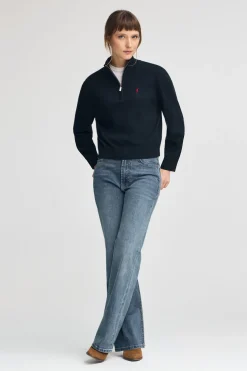 Jersey azul marino de mezcla de lana con cuello de media cremallera y bordado Rigby Go