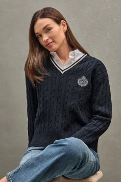 Jersey azul marino trenzado con cuello de pico y parche naútico Polo Club