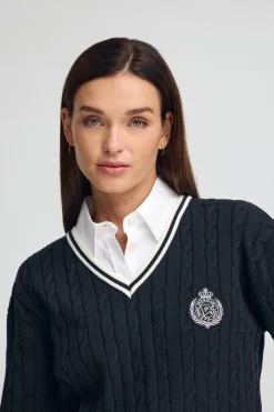 Jersey azul marino trenzado con cuello de pico y parche naútico Polo Club