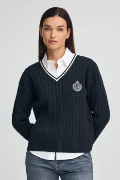 Jersey azul marino trenzado con cuello de pico y parche naútico Polo Club