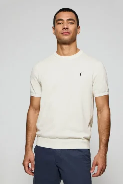 Jersey beige de cuello redondo y manga corta con logo bordado