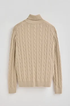 Jersey beige de cuello vuelto y punto trenzado en mezcla de lana con bordado Rigby Go