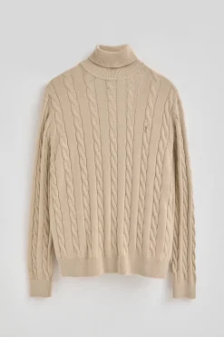 Jersey beige de cuello vuelto y punto trenzado en mezcla de lana con bordado Rigby Go