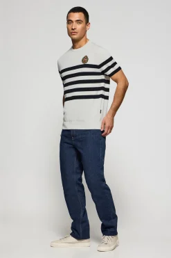 Jersey beige de manga corta a rayas con escudo náutico