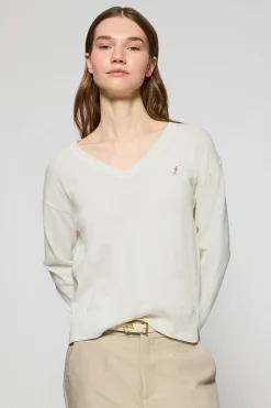 Jersey beige de punto con cuello de pico y logo bordado Rigby Go