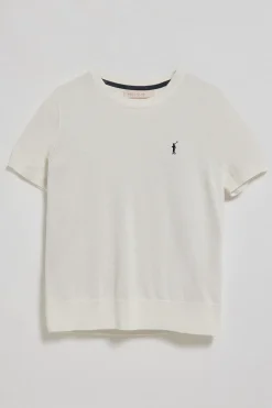 Jersey beige de punto con cuello redondo de manga corta y bordado Rigby Go