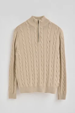 Jersey beige de punto trenzado en mezcla de lana con media cremallera y bordado Rigby Go
