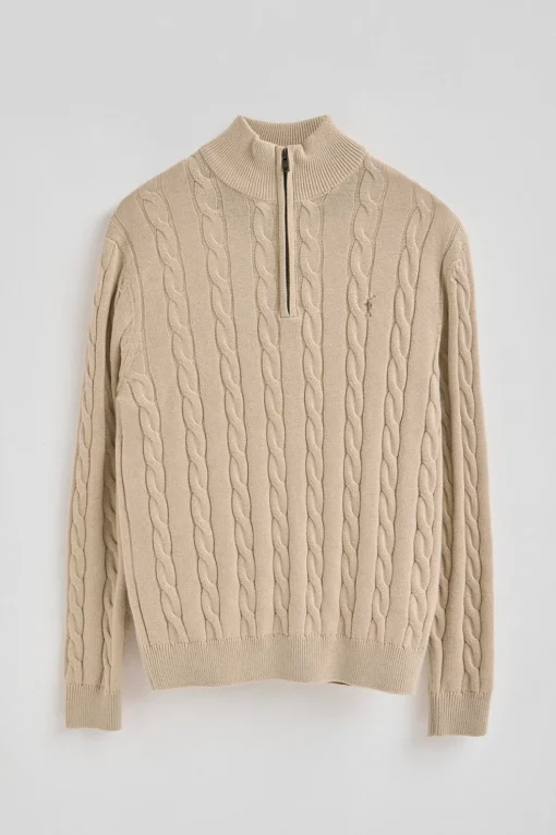 Jersey beige de punto trenzado en mezcla de lana con media cremallera y bordado Rigby Go