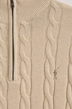 Jersey beige de punto trenzado en mezcla de lana con media cremallera y bordado Rigby Go