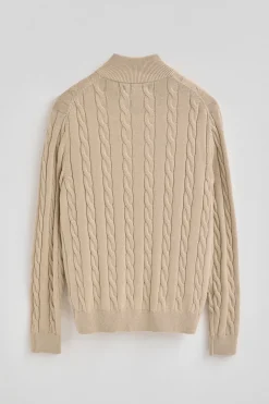 Jersey beige de punto trenzado en mezcla de lana con media cremallera y bordado Rigby Go