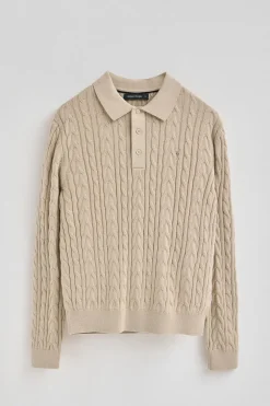 Jersey beige de punto trenzado en mezcla de lana con cuello polo y bordado Rigby Go