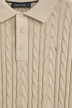 Jersey beige de punto trenzado en mezcla de lana con cuello polo y bordado Rigby Go