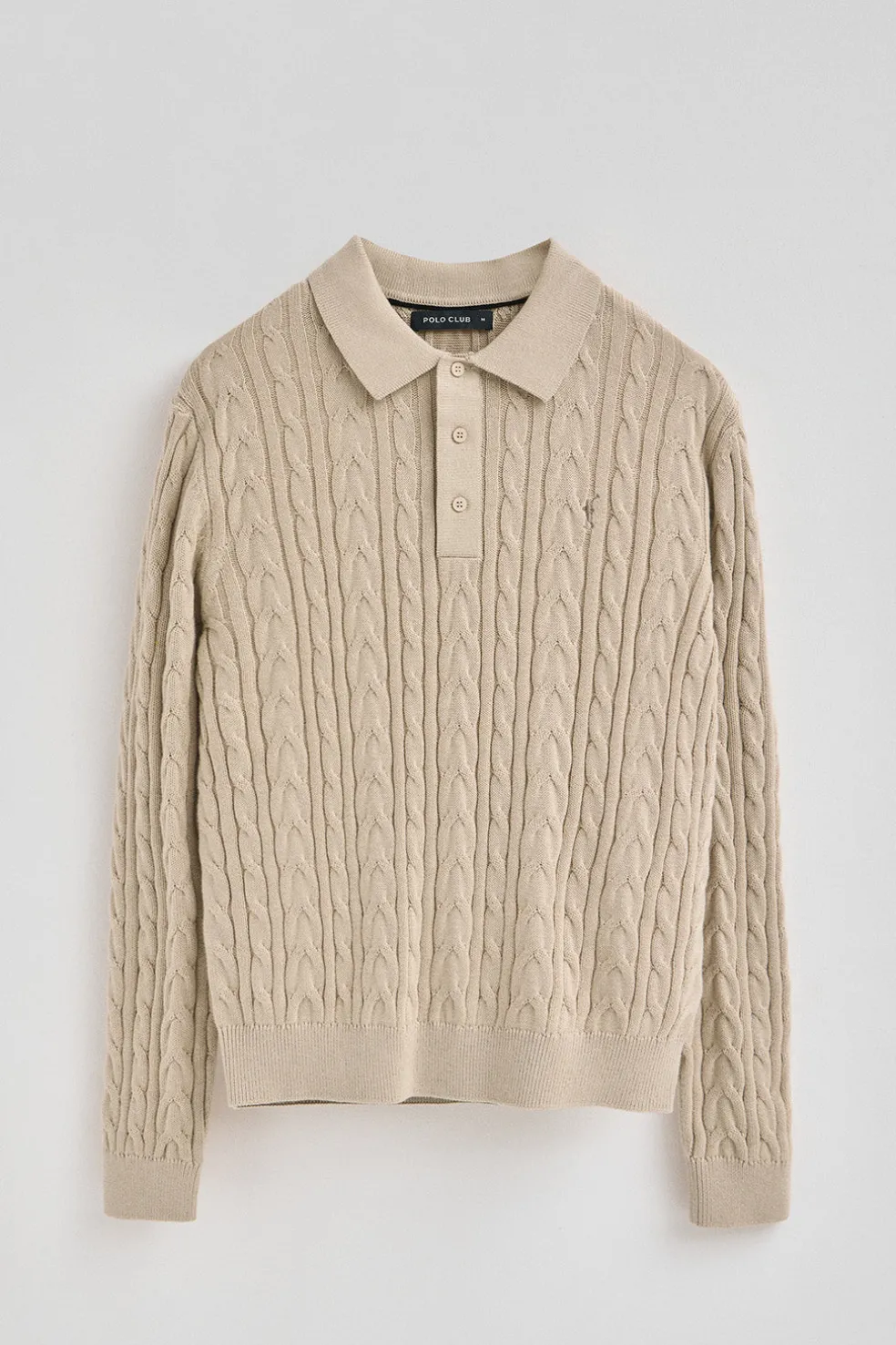 Jersey beige de punto trenzado en mezcla de lana con cuello polo y bordado Rigby Go
