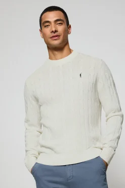 Jersey beige de punto trenzado de cuello redondo y bordado Rigby Go