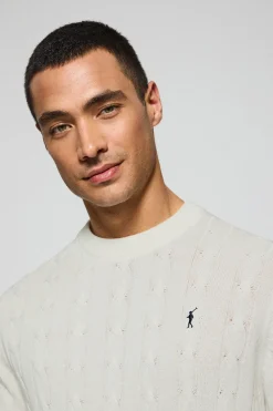 Jersey beige de punto trenzado de cuello redondo y bordado Rigby Go