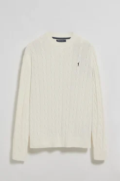 Jersey beige de punto trenzado de cuello redondo y bordado Rigby Go