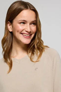 Jersey beige en cuello v de algodón y lino con monograma bordado