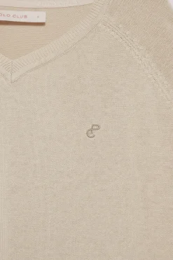 Jersey beige en cuello v de algodón y lino con monograma bordado