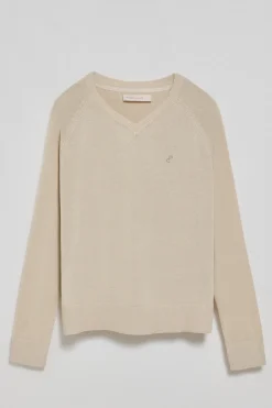 Jersey beige en cuello v de algodón y lino con monograma bordado