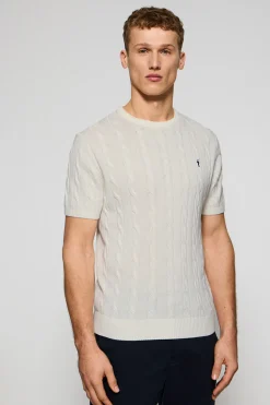 Jersey beige trenzado de manga corta con logo bordado