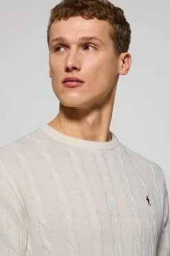 Jersey beige trenzado de manga corta con logo bordado