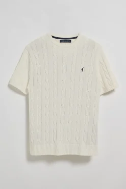 Jersey beige trenzado de manga corta con logo bordado
