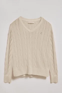 Jersey beige trenzado de escote en pico con monograma bordado